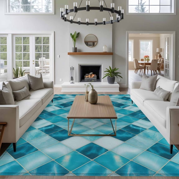 Teal Blue Diamond 8x10 Area Rug for Living Room Sectional Sofa, Modern Geometric Lines Vintage Washable Non Slip Large Rectangle Area Rug