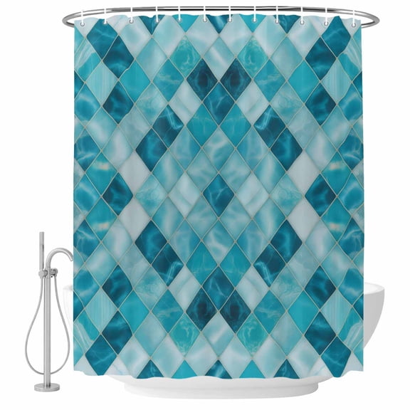 Teal Blue Diamond Bathroom Shower Curtains with Hooks, Modern Geometric Lines Vintage Waterproof Fabric Washable Shower Curtain for Home Hotel Bathtub Decor 72x72 Inch