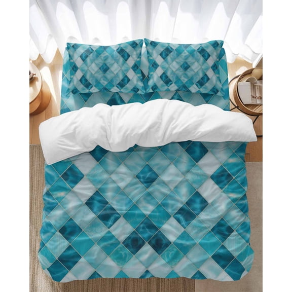 Teal Blue Diamond Bedding Duvet Cover Set Twin Size 4 Pieces Modern Geometric Lines Vintage Bedding Set with Zipper Closure, 1 Comforter Cover 68x86 Inches 1 Flat Sheet & 2 Pillow Cases