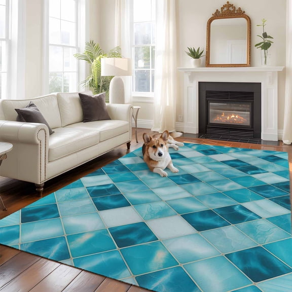 Teal Blue Diamond Large Area Rugs 5x8 ft Modern Geometric Lines Vintage Washable Rug Non Slip Indoor Carpet Absorbent Floor Mat for Living Room Bedroom Dining Room