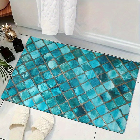 Teal Blue Diamond Pattern Flannel Floor Mat, Non Slip Washable Soft Area Rug for Entryway Bathroom Living Room Cafe Home Decor