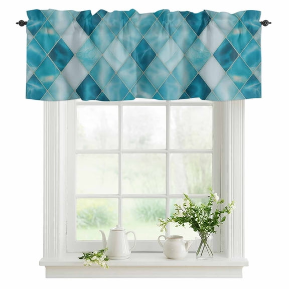 Teal Blue Diamond Valances for Windows, Rod Pocket Kitchen Valance Curtains - Soft & Washable Small Window Treatment for Living Room, Bathroom, Modern Geometric Lines 42x12inch, 1 Panel