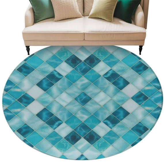 Teal Blue Diamond Washable Area Rug&nbsp;5 ft Modern Geometric Lines Vintage Soft Round&nbsp;Rugs for Living Room, Non Slip Carpet for Bedroom&nbsp;Entryway Dining Room
