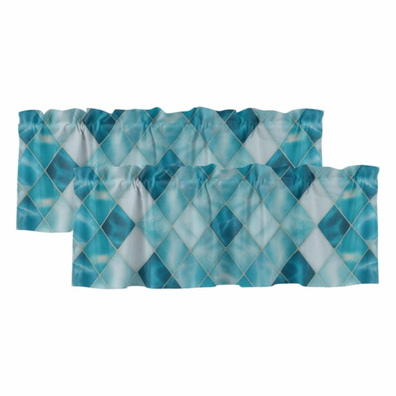 Teal Blue Diamond Window Valance, Modern Geometric Lines Vintage 2 Pack Decorative Curtain for Small Windows, Light Filtering Valance with 3” Rod Pocket, 60"W x 18"L
