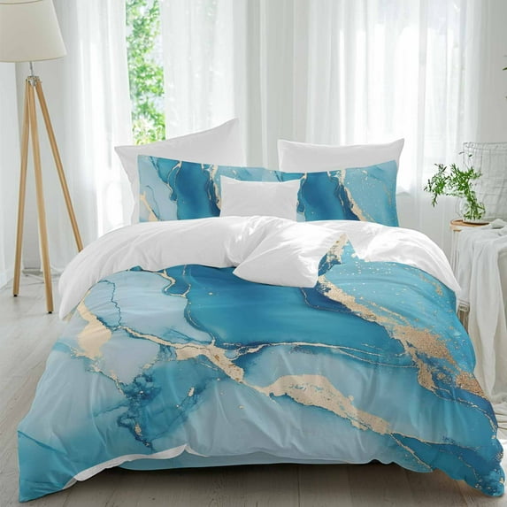 Teal Blue Duvet Cover Set King Size, Gold Marble Abstract Art Stone Cracks Modern 4 Piece Soft Microfiber Bedding Set with 1 Duvet Cover, 1 Flat Sheet, 2 Pillowcases