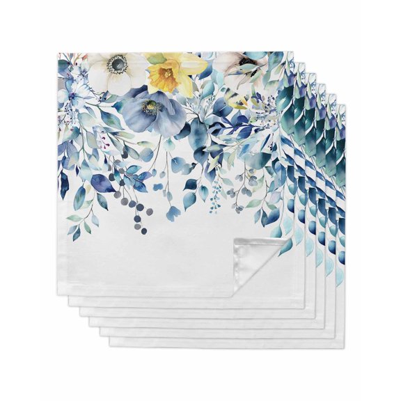 Teal Blue Eucalyptus Cloth Napkins Set of 6 Reusable Dinner Napkins, Spring Garden Floral Leaves Botanical Cocktail Napkin Washable Table Napkins for Wedding/Holiday Party/Baby Shower 20"x20"