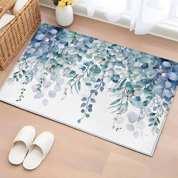Teal Blue Eucalyptus Leaves Entryway Rugs 2'x3', Non Slip Area Rugs for Entrance Door, Spring Floral Summer Botanical Low Pile Indoor Floor Carpet Doormat for Front Door Bathroom Kitchen Bedroom