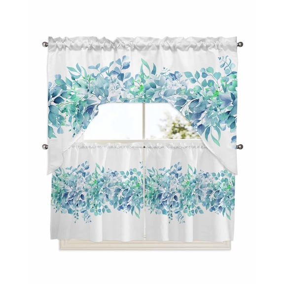 Teal Blue Eucalyptus Leaves Kitchen Curtain and Valance Set 3 Pieces,Rod Pocket Short Tier Curtains 24 Inch Length,Spring Summer Botanical Floral Swag Topper Small Window Treatment for Cafe Bathroom