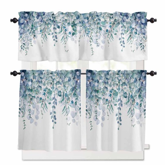 Teal Blue Eucalyptus Leaves Kitchen Curtains and Valances Set, 3 Piece Kitchen Curtains Set 24 Inch Length, Spring Floral Summer Botanical Rod Pocket Curtains Tier Farmhouse Window Curtains