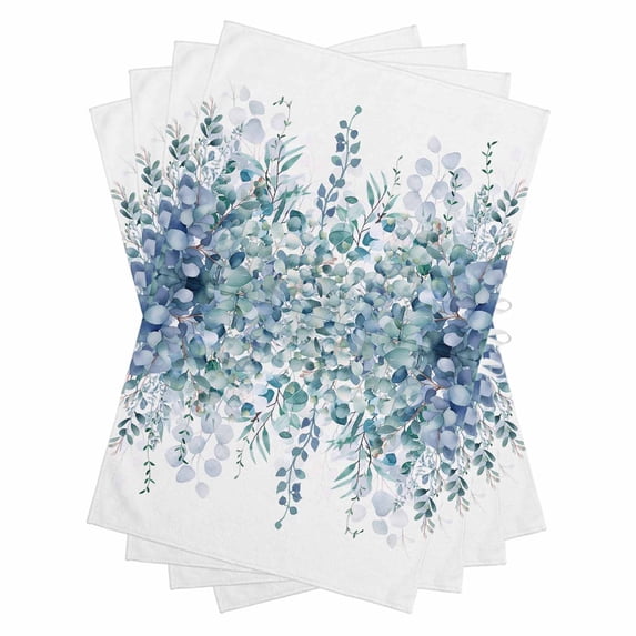 Teal Blue Eucalyptus Leaves Kitchen Towels Set of 4, Water Absorbent Dish Towel, Spring Floral Summer Botanical Decorative Hand Towels - Quick Drying Cloth for Cooking Baking, 18x28 Inch
