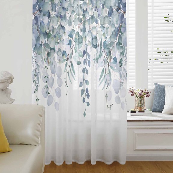 Teal Blue Eucalyptus Leaves Semi Sheer Curtains Drapes for Living Room,Bedroom,French Doors Window 63 Inches Long,Spring Floral Summer Botanical Rod Pocket Chiffon Curtain Drapery Voile Drape Panel