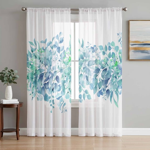 Teal Blue Eucalyptus Leaves Semi Sheer Window Curtains 72 Inches Long, Spring Summer Botanical Floral Rod Pocket Voile Silky Chiffon Curtain Light Filtering Drapes for Living Room, 52"x72", 2 Panels