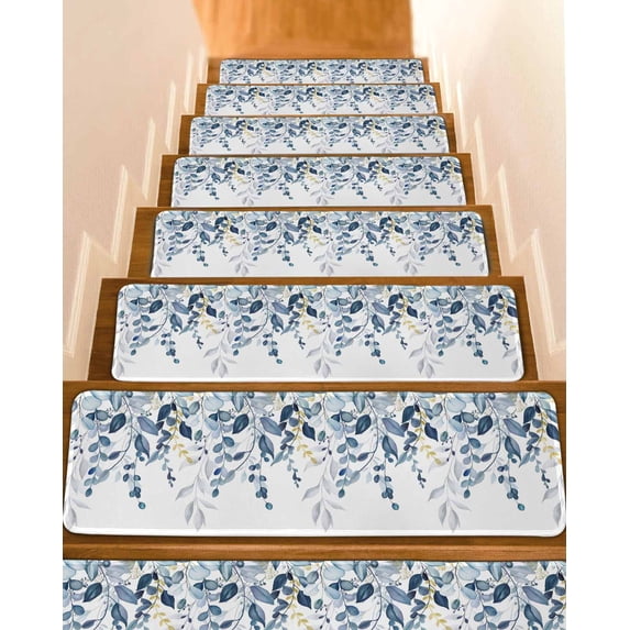 Teal Blue Eucalyptus Leaves Stair Treads Non Slip Indoor for Wooden Steps, Farmhouse Botanical Watercolor 10 Pcs Stair Mats for Elders Dogs, 8 x 30 Inch Carpet Treads Runner Rugs for Staircase