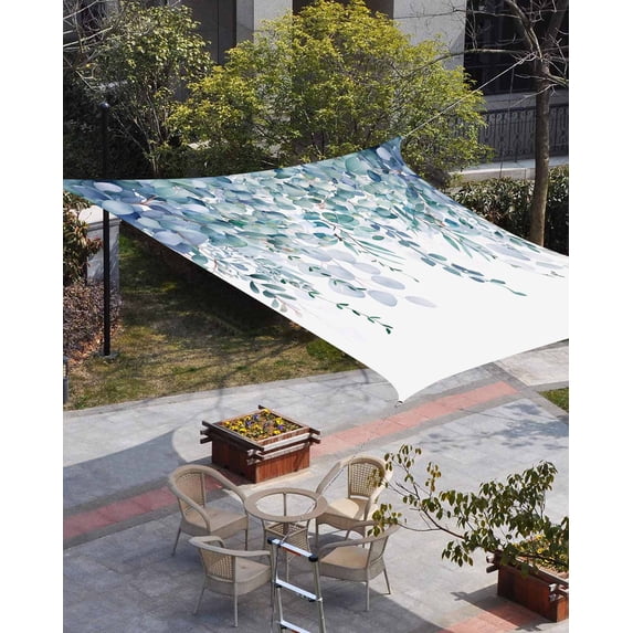 Teal Blue Eucalyptus Leaves Sun Shade Sail 8'x10' Rectangle Outdoor Shade Canopy, Spring Floral Summer Botanical Porch Shades Outdoor Sun Blocking Screen, Sunshade Cloth Covers for Patio/Deck/Garden