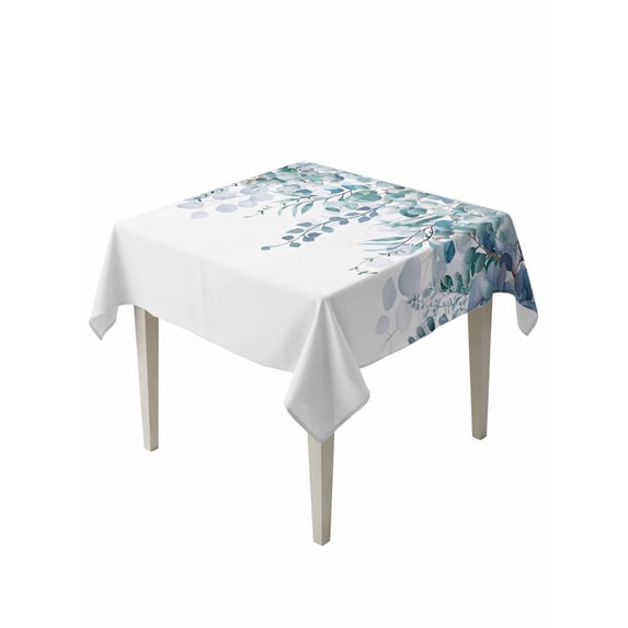 Teal Blue Eucalyptus Leaves Suqare Tablecloth - 54 x 54 Inch, Spring Floral Summer Botanical Waterproof & StainResistant Tablecloth, Oil-proof Table Cover for Dining/Party/Wedding/Camping/Buffet