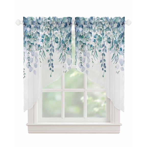 Teal Blue Eucalyptus Leaves Swag Valances for Windows, Spring Floral Summer Botanical Rod Pocket Sheer Valances for Windows, Swag Toppers Light Filtering for Kitchen Living Room 2 Panels 36''x45''