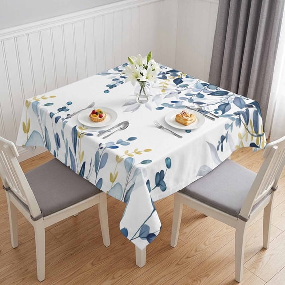 Teal Blue Eucalyptus Leaves Table Cloth Waterproof Tablecloths, Farmhouse Botanical Watercolor Tablecloth Dining Table Cover for Kitchen Party Tabletop Outdoor, Square Tablecloth 54x54 Inch