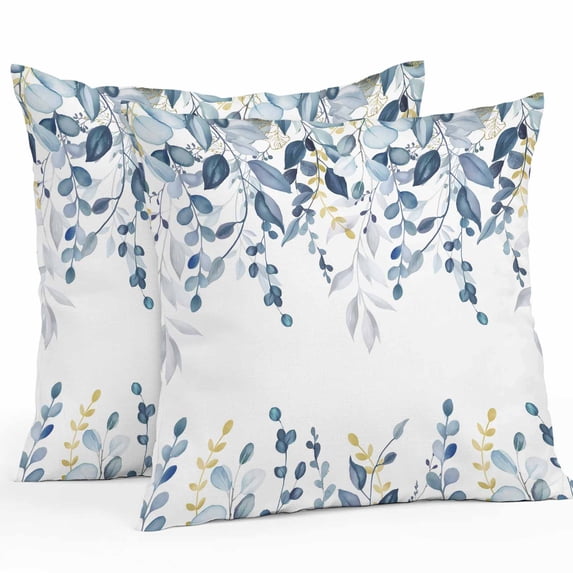 Teal Blue Eucalyptus Leaves Throw Pillow Covers 26x26 Inch Set of 2, Farmhouse Botanical Watercolor Waterproof Outdoor Pillow Covers, Decorative Cushion Pillowcases for Couch, Sofa, Bed, Patio