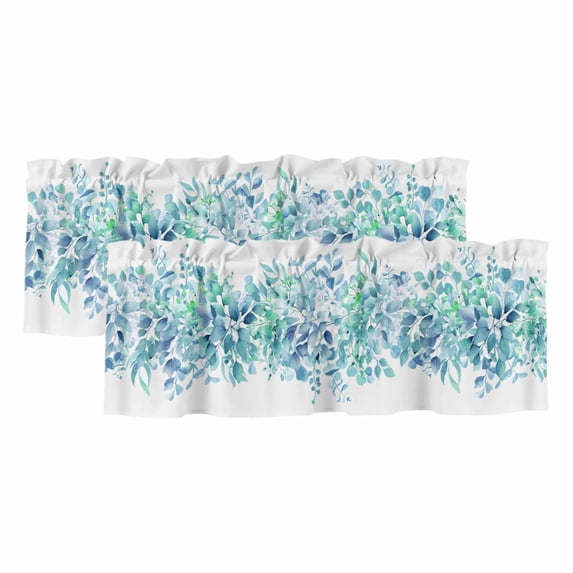 Teal Blue Eucalyptus Leaves Valances for Windows, Spring Summer Botanical Floral Light Filtering Kitchen Curtains, Rod Pocket Window Valance Curtains for Living Room Bedroom, 42" W x 18" L, 2 Panels