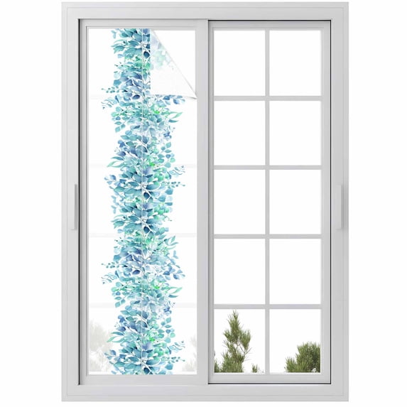 Teal Blue Eucalyptus Leaves Window Privacy Film, Spring Summer Botanical Floral Static Cling UV Sun Blocking Heat Control Window Tint, Non-Adhesive One Way Windows Privacy Cover 17.7''x78.7''