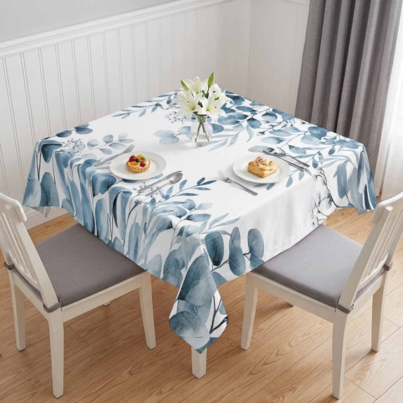 Teal Blue Eucalyptus Table Cloth Waterproof Tablecloths, Spring Summer Farmhouse Leaves Watercolor Tablecloth Dining Table Cover for Kitchen Party Tabletop Outdoor, Square Tablecloth 54x54 Inch