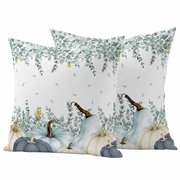 Teal Blue Fall Outdoor Waterproof Pillow Covers, Thanksgiving White Pumpkin Eucalyptus Decorative Square Throw Pillowcase Sofa Cushion Sham for Patio/Couch/Chair, 18"x18" 2 Pack