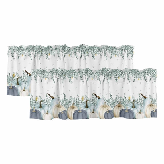 Teal Blue Fall Valances for Windows, Decorative Rod Pocket Window Valance Curtains, Thanksgiving White Pumpkin Eucalyptus Curtain Drapes for Kitchen/Bathroom/Living Room, 2 Panels, 42" W x 12" L