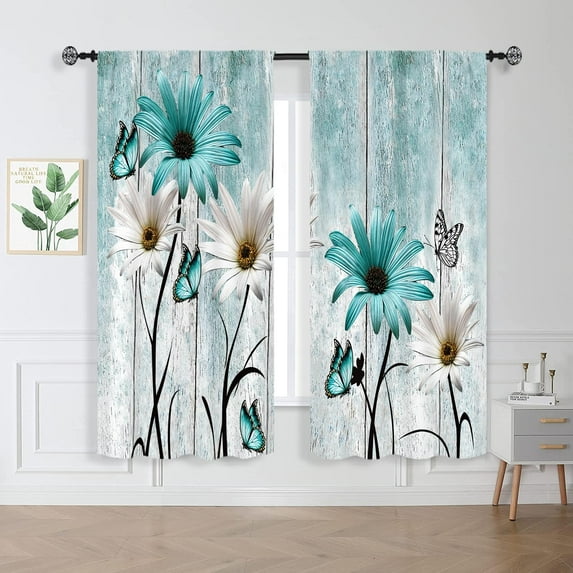Teal Blue Farmhouse Floral Curtains 42W X 63L 2 Panels Wooden Flower Rustic Vintage Country Daisy Turquoise Retro Butterfly Window Drapes Treatment Living Room Bathroom Bedroom Curtains Home Decor
