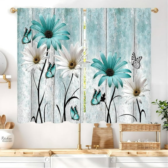 Teal Blue Farmhouse Floral Kitchen Curtains 27.5W X 39L Inch 2 Panels Rod Pocket Rustic Flower Vintage Country Turquoise Daisy Retro Small Short Cafe Tier Drapes Wooden Bathroom Home Decor