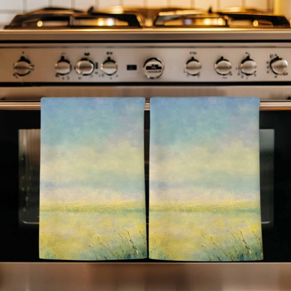 Teal Blue Field Kitchen Towels Set of 1, Abstract Art Oil Painting Gradient Absorbent Dish Towels for Kitchen, Microfiber Hand Towel, Quick Drying Tea Towel for Cleaning Decorative Dishcloths