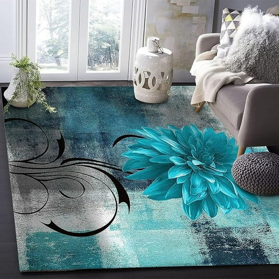 Teal Blue Floral Area Rug, Turquoise Grey Geometric Art Decorative Rug, Easy Clean Carpet With Anti-Slip Backing For Bedroom Living Room Dining Room Office 3 x 4ft