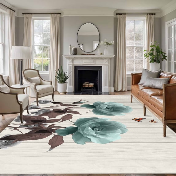 Teal Blue Floral Area Rugs 5x8 for Living Room, Vintage Rustic Botanical Beige Wooden Non Slip Washable Rug Runner, Low Pile Indoor Floor Carpet Mat Bathroom Rugs for Bedroom, Kids Room
