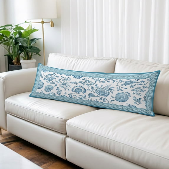 Teal Blue Floral Body Pillow Cover,Pillowcase Protectors with Zipper,Breathable Decorative Throw Pillow Case Cover,Vintage Flowers Botanical Farmhouse Greek Key Pillow Shams for Couch Sofa 20x60Inch