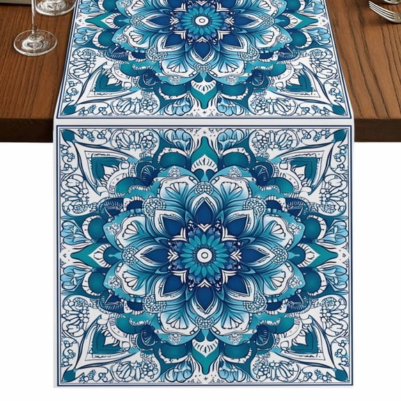 Teal Blue Floral Boho 60 Inch Table Runner, Abstract Tribal Ethnic Flowers Farmhouse Dresser Scarf Cotton & Linen Tablerunner for Dining/Kitchen Island/Holiday Party Décor 13" x 60"