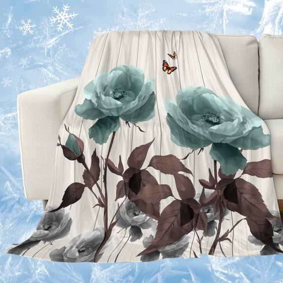 Teal Blue Floral Cooling Blanket,Lightweight Breathable Summer Throw Blanket with Double Sided Cold Effect,Vintage Rustic Botanical Beige Wooden Picnic Blankets Bed Sheet for Hot Sleepers 40"x60"