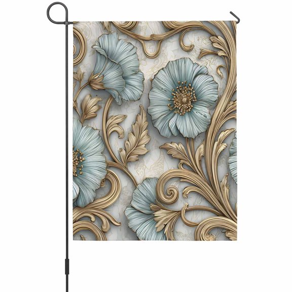Teal Blue Floral Garden Flag 12 x 18 Inches, Gold Scrollwork Leaves Petals Vines Victorian Weather Proof Outdoor Patio Flags Double Sided Small Garden Decoration for Yard Outside Home