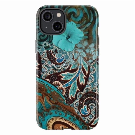 Teal Blue Floral Paisley Phone Case – Vintage Boho Pattern Protective iPhone Cover for iPhone 16 15 14 13 12 11 Pro Max Mini