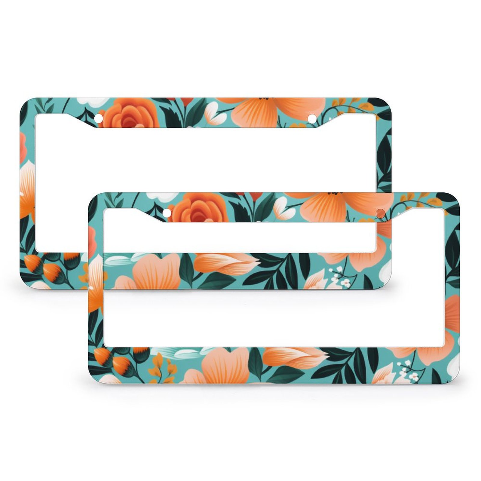 Teal Blue Floral Pattern License Plate Frames 2 PCS Simple Botanica ...