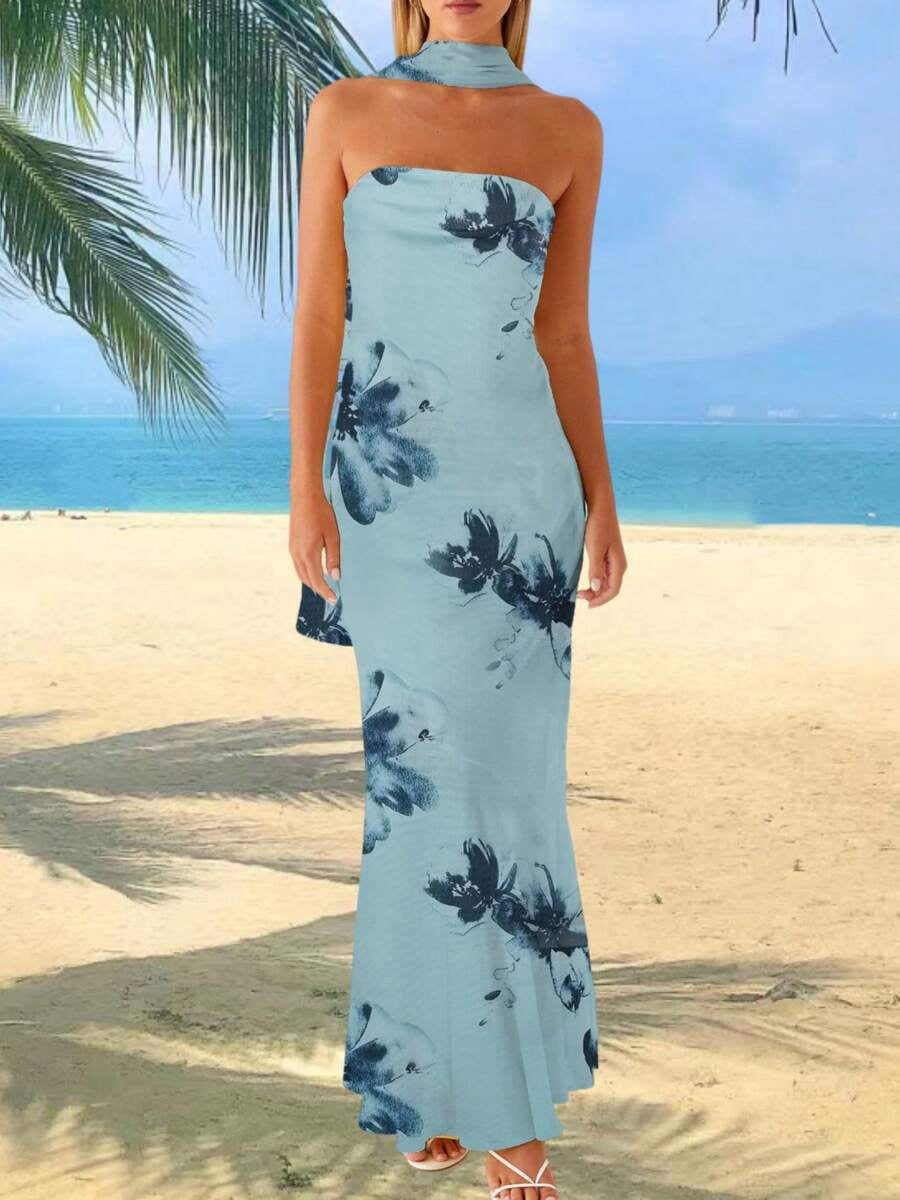 strapless scarf maxi dress Amana Light layers Strapless Scarf Maxi Dress Black