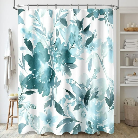 Teal Blue Floral Shower Curtain Watercolor Flower Shower Curtains for Bathroom Waterproof Fabric Bathroom Curtain with Hooks-72"W x 84"L (Pack of 1)