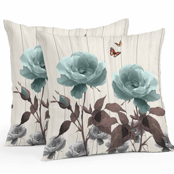 Teal Blue Floral Throw Pillow Covers 24x24 Inch Set of 2, Vintage Rustic Botanical Beige Wooden Waterproof Outdoor Pillow Covers, Decorative Cushion Pillowcases for Couch, Sofa, Bed, Garden, Patio