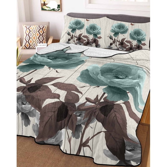 Teal Blue Floral Twin Size Down Alternative Comforter, Lightweight Comforter Quilt Bedding Set with Pillow Shams Vintage Rustic Botanical Beige Wooden All Seasons Bed Comforter Duvet Insert 68"x86"