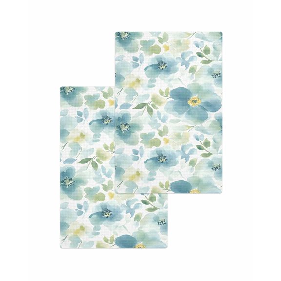 Teal Blue Flower Kitchen Dish Towels for Drying Dishes Set of 2, Abstract Garden Botanical Leaves Waffle Weave Microfiber Terry Hand Tea Bathroom Towels Quick Dry & Absorbent Towel 15.7x23.6
