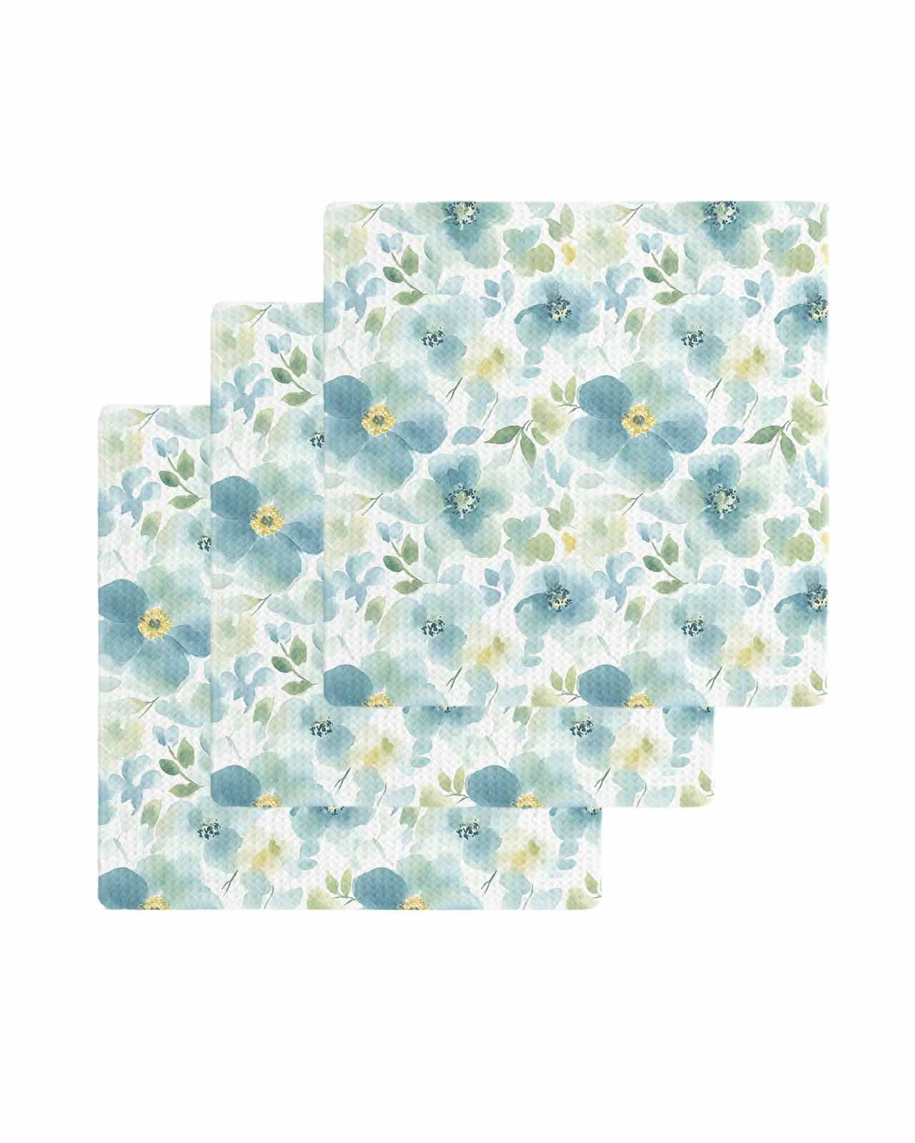 Teal Blue Flower Kitchen Dish Towels for Drying Dishes Set of 3, Abstract Garden Botanical Leaves Waffle Weave Microfiber Terry Hand Tea Bathroom Towels Quick Dry & Absorbent Towel 12x12