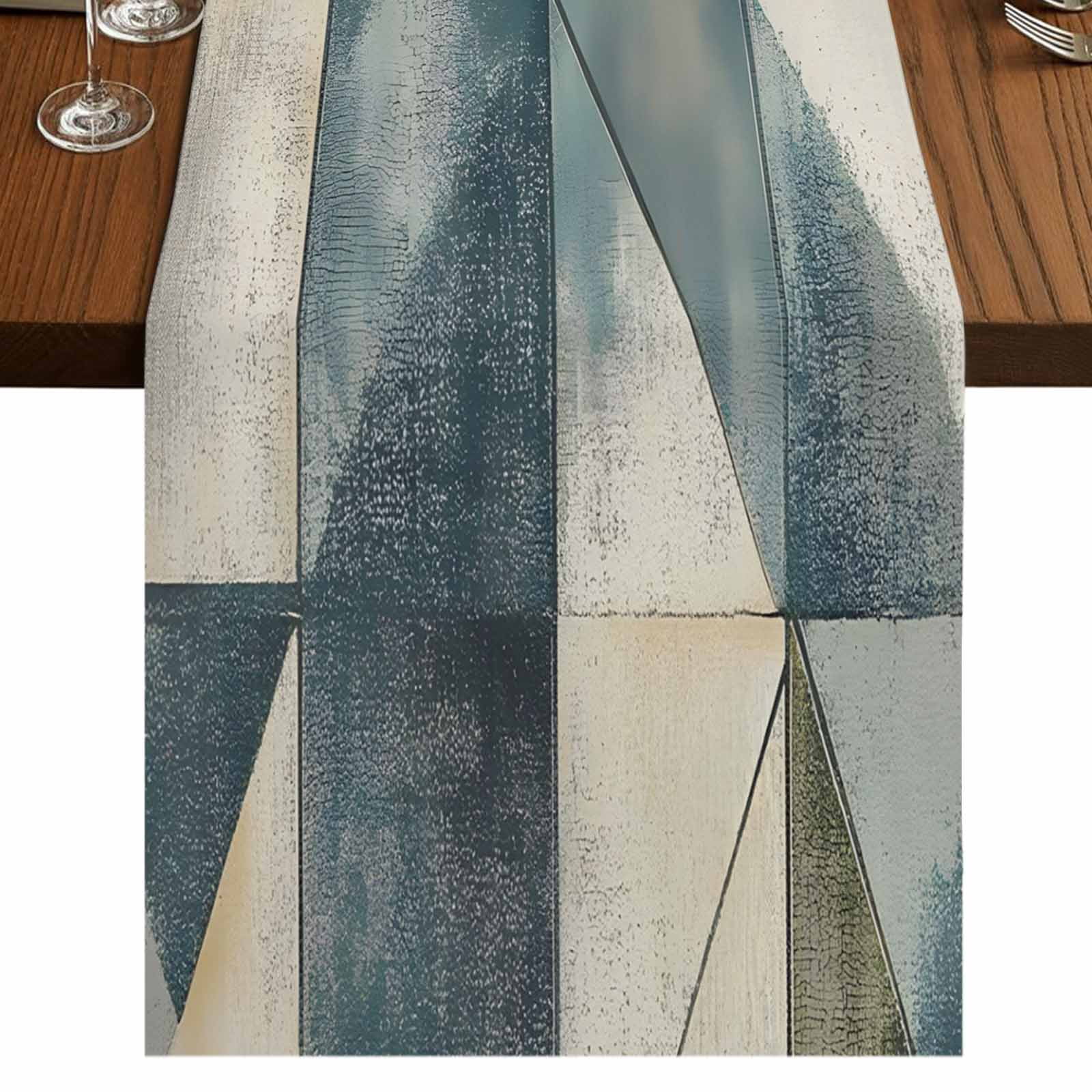 Teal Blue Geometric 60 Inch Table Runner, Modern Abstract Art Green ...