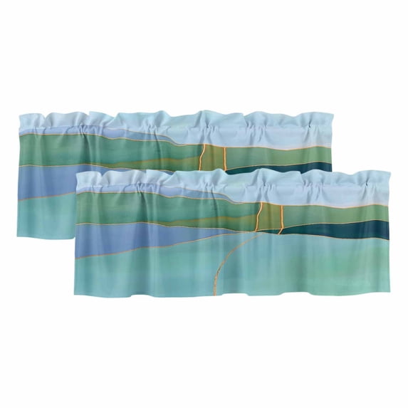 Teal Blue Geometric Curtain Valances for Windows, Kitchen Valance Window Treatments Panel 2 Pack, Modern Oil Painting Abstract Rod Pocket Short Curtains for Bathroom Bedroom 42 x 12 Inch