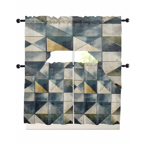 Teal Blue Geometric Kitchen Curtains Sets 36 Inch Length with Valance, Modern Abstract Art Green Swag Valances and Tiers Curtain Set Drapes Swag Curtains for Living Room, Bathroom, Bedroom, Cafe
