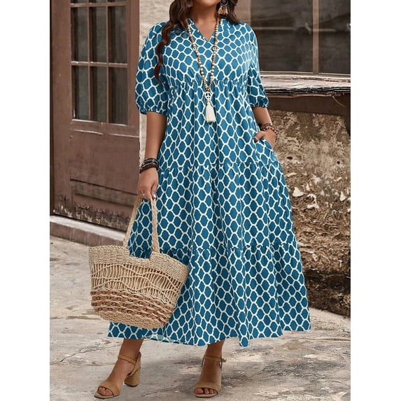 Teal Blue Geometric Print V-Neck Puff Sleeve Tiered Maxi Dress With Pockets, Boho Summer Beach Sundress