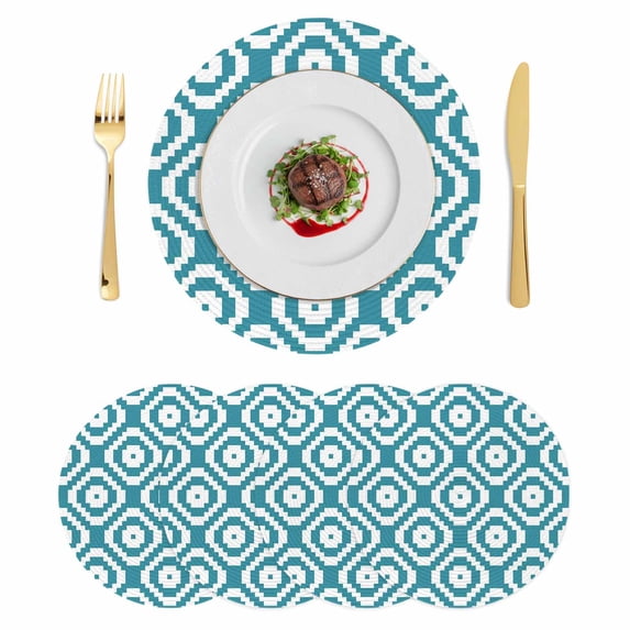 Teal Blue Geometric Round 13 Inch Placemats Set of 4, Modern Abstract Art Rhombus HeatResistant Non Slip Place Mats for Dining Table, Wipeable Braided Kitchen Table Mats for Housewarming