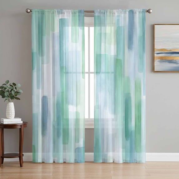 Teal Blue Geometric Sheer Curtains 72 Inches Long, Modern Abstract Color Blocks Light Filtering Window Curtains for Living Room/Bedroom, Rod Pocket Voile Sheer Curtain Drapes, 52"W x 72"L, 2 Panels